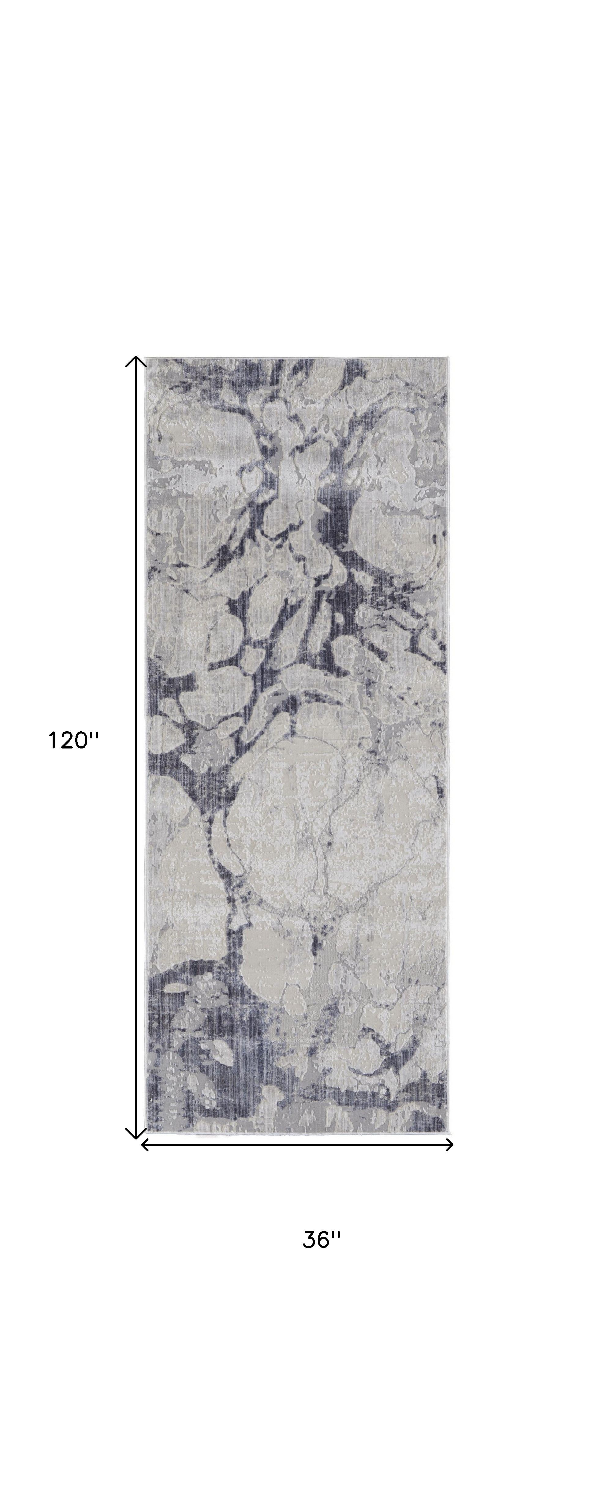 10" Ivory and Blue Abstract Power Loom Distressed Non Skid Runner Rug