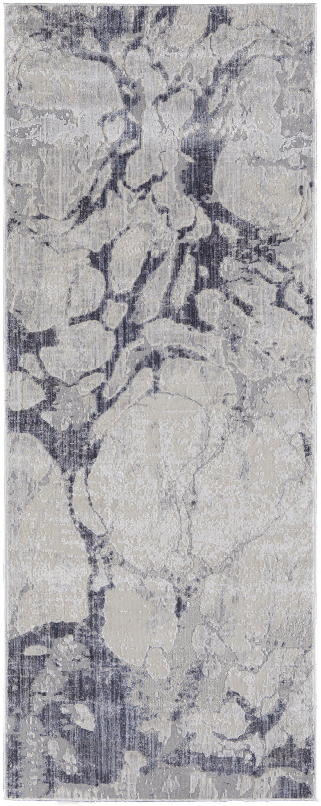 8" Ivory And Blue Abstract Power Loom Distressed Runner Rug