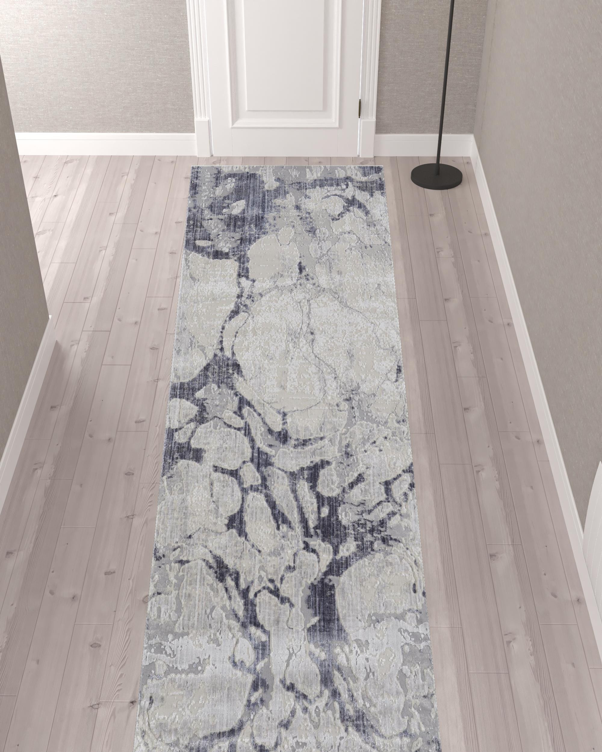 12" Ivory And Blue Abstract Power Loom Distressed Runner Rug