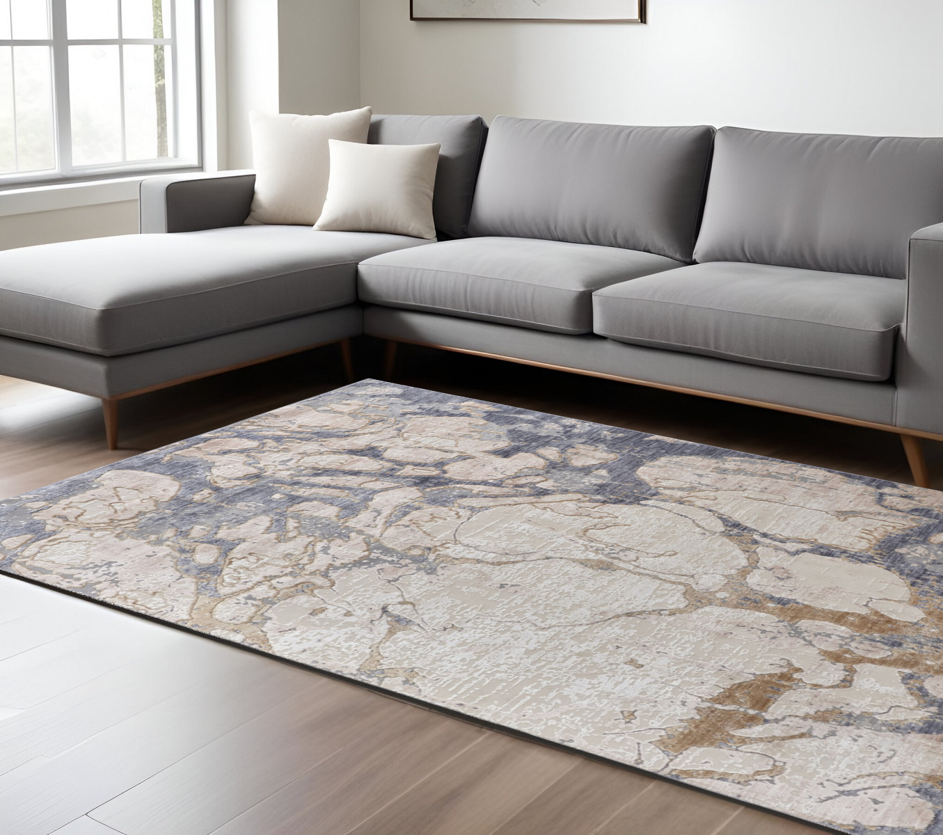 8" X 10" Tan and Blue Abstract Power Loom Distressed Non Skid Area Rug
