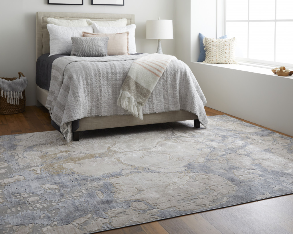 8" X 10" Tan and Blue Abstract Power Loom Distressed Non Skid Area Rug