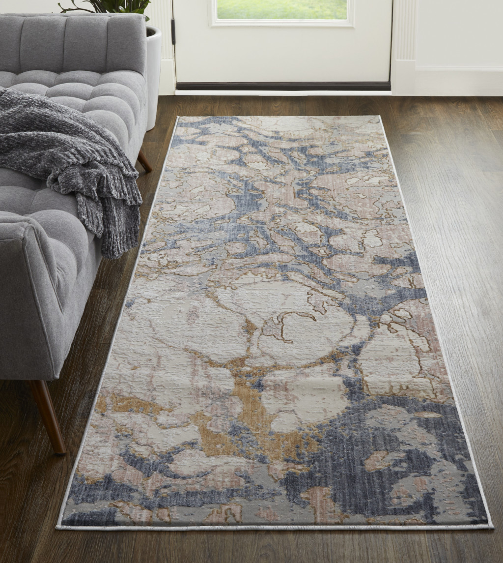 8" Tan And Blue Abstract Power Loom Distressed Runner Rug