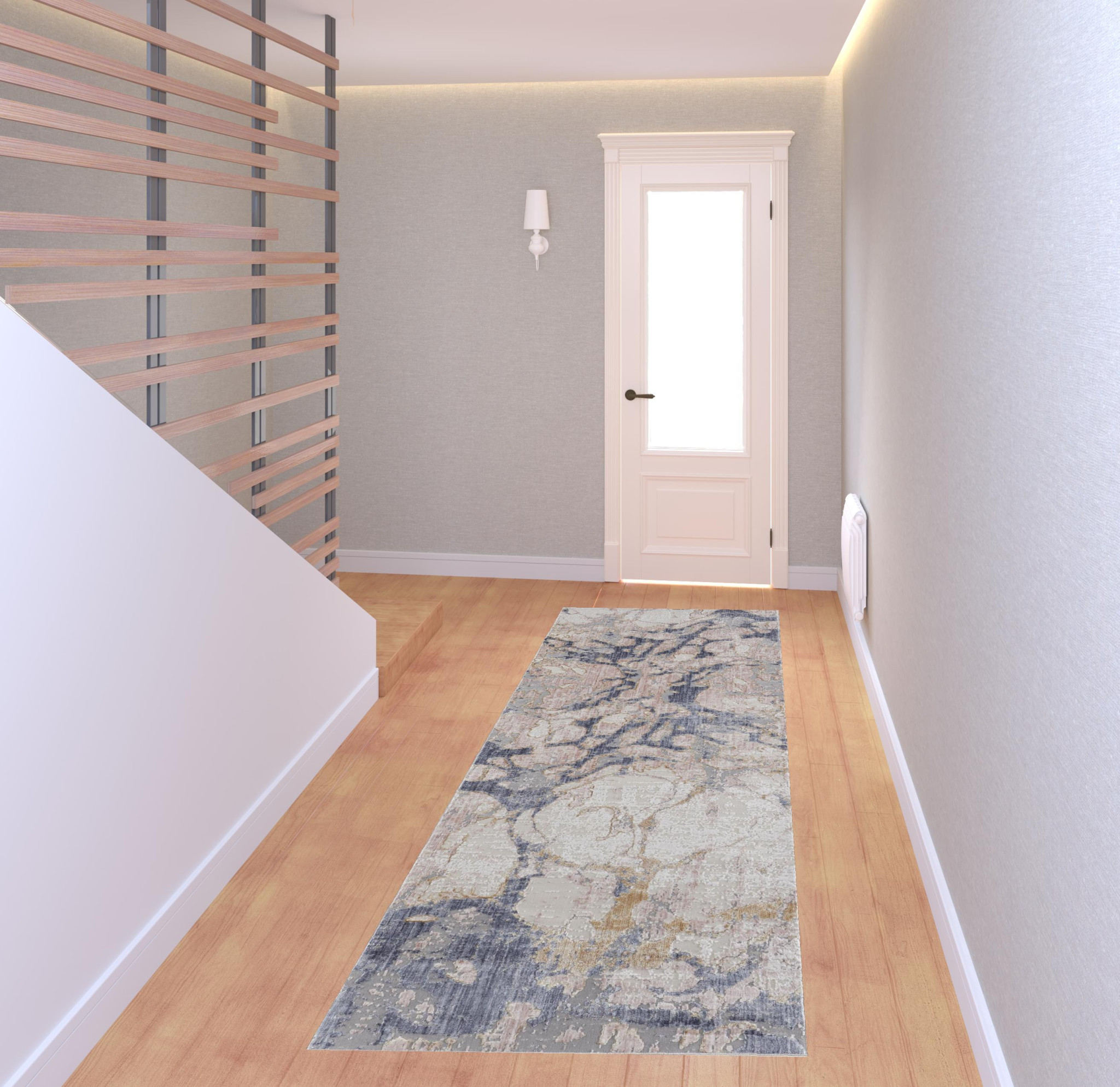 8" Tan And Blue Abstract Power Loom Distressed Runner Rug