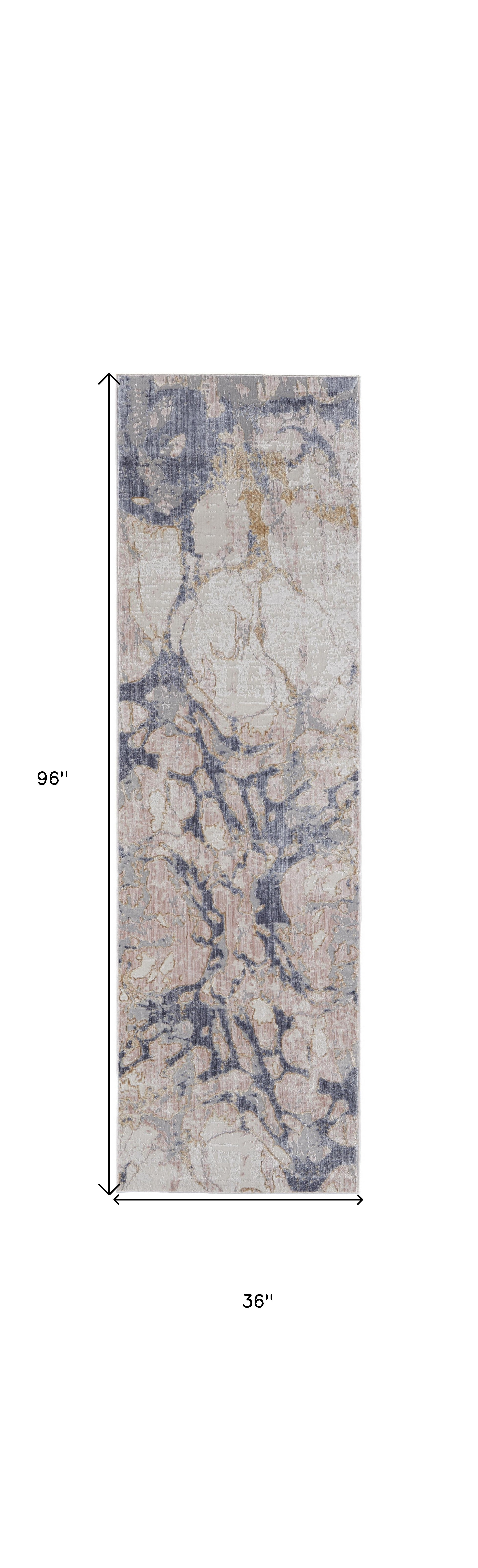 8" Tan And Blue Abstract Power Loom Distressed Runner Rug