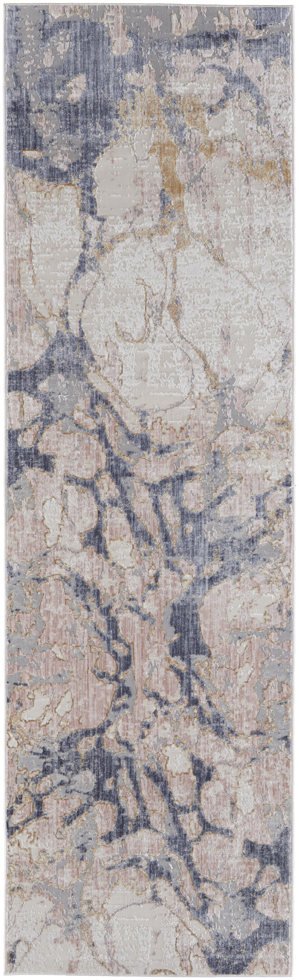 12" Beige and Blue Abstract Power Loom Distressed Runner Rug