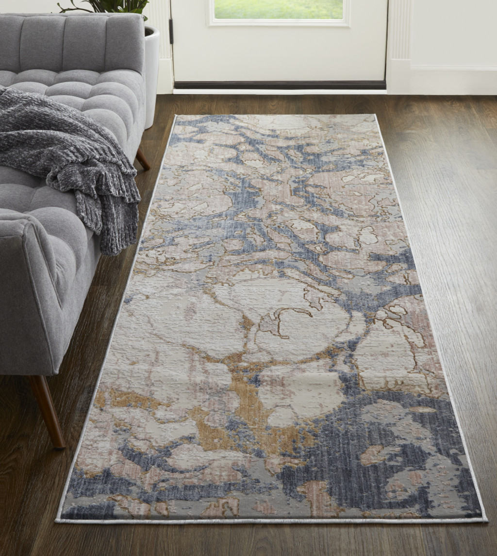 12" Beige and Blue Abstract Power Loom Distressed Runner Rug
