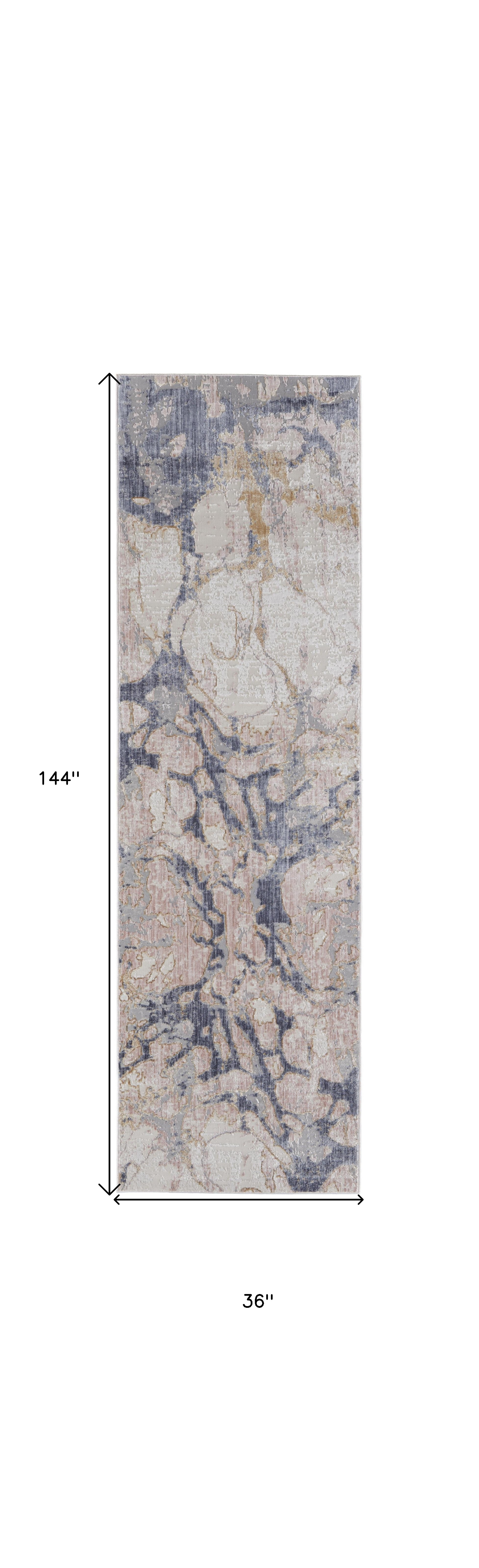 12" Beige and Blue Abstract Power Loom Distressed Runner Rug