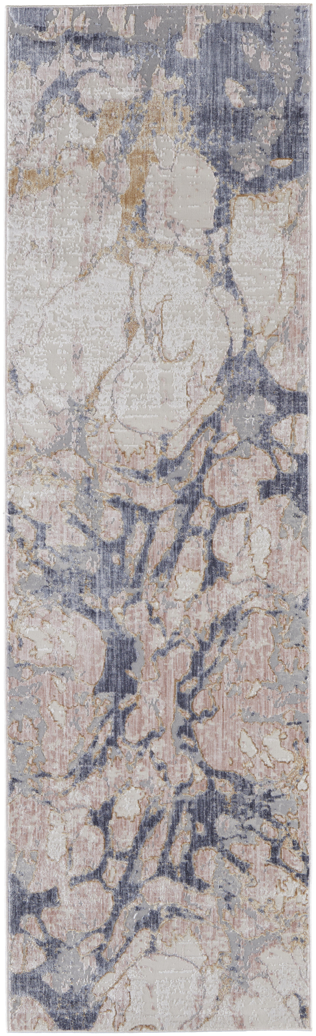 12" Beige and Blue Abstract Power Loom Distressed Runner Rug
