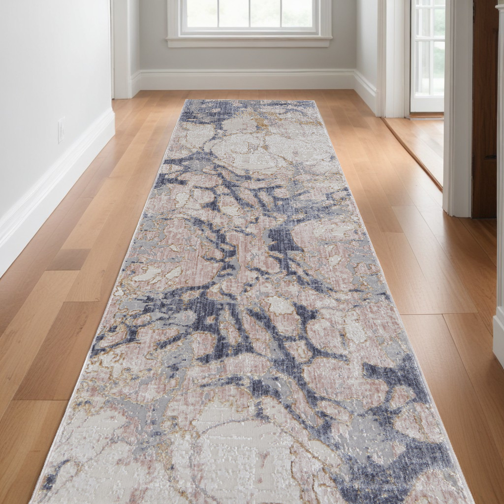 12" Beige and Blue Abstract Power Loom Distressed Runner Rug