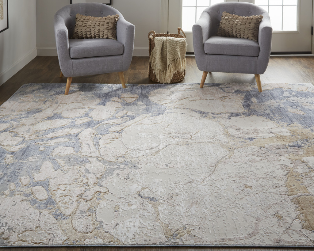 2" X 3" Tan And Blue Abstract Power Loom Distressed Area Rug