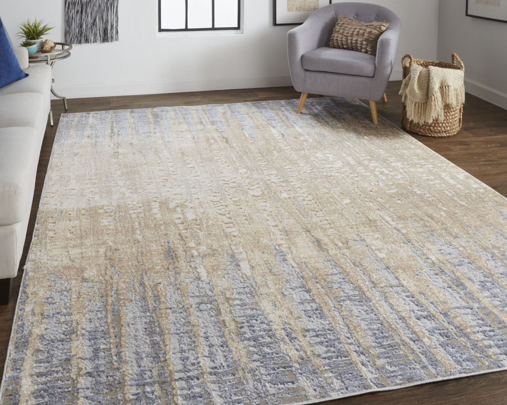 4" X 6" Tan Brown And Blue Abstract Power Loom Distressed Area Rug
