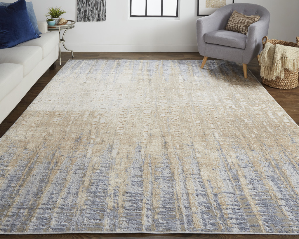 4" X 6" Tan Brown And Blue Abstract Power Loom Distressed Area Rug