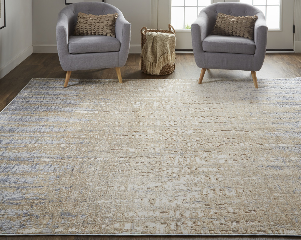 10" X 13" Tan Brown And Blue Abstract Power Loom Distressed Area Rug