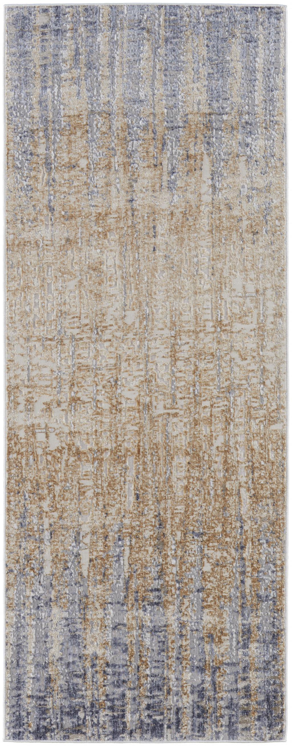 12" Tan Brown And Blue Abstract Power Loom Distressed Runner Rug