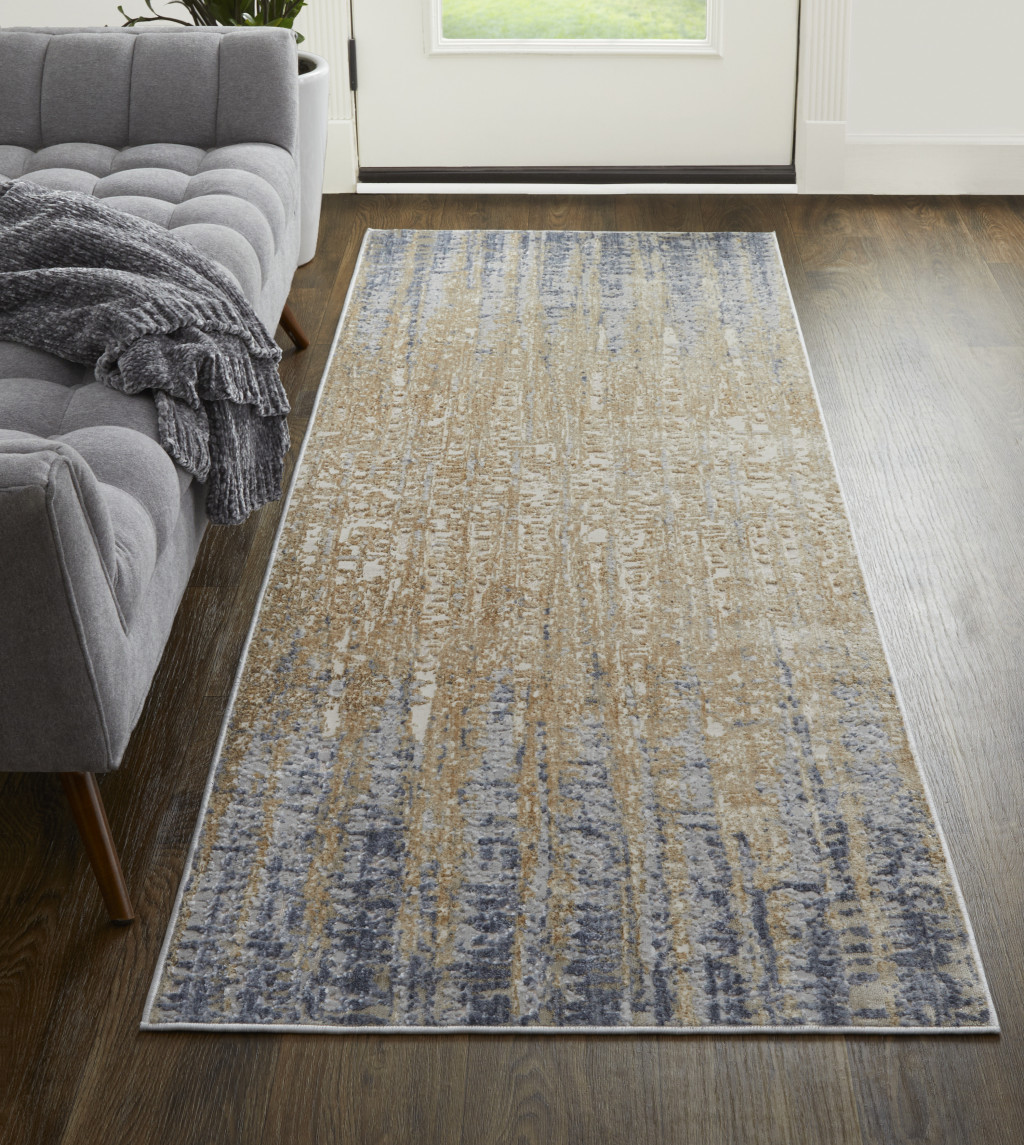 12" Tan Brown And Blue Abstract Power Loom Distressed Runner Rug