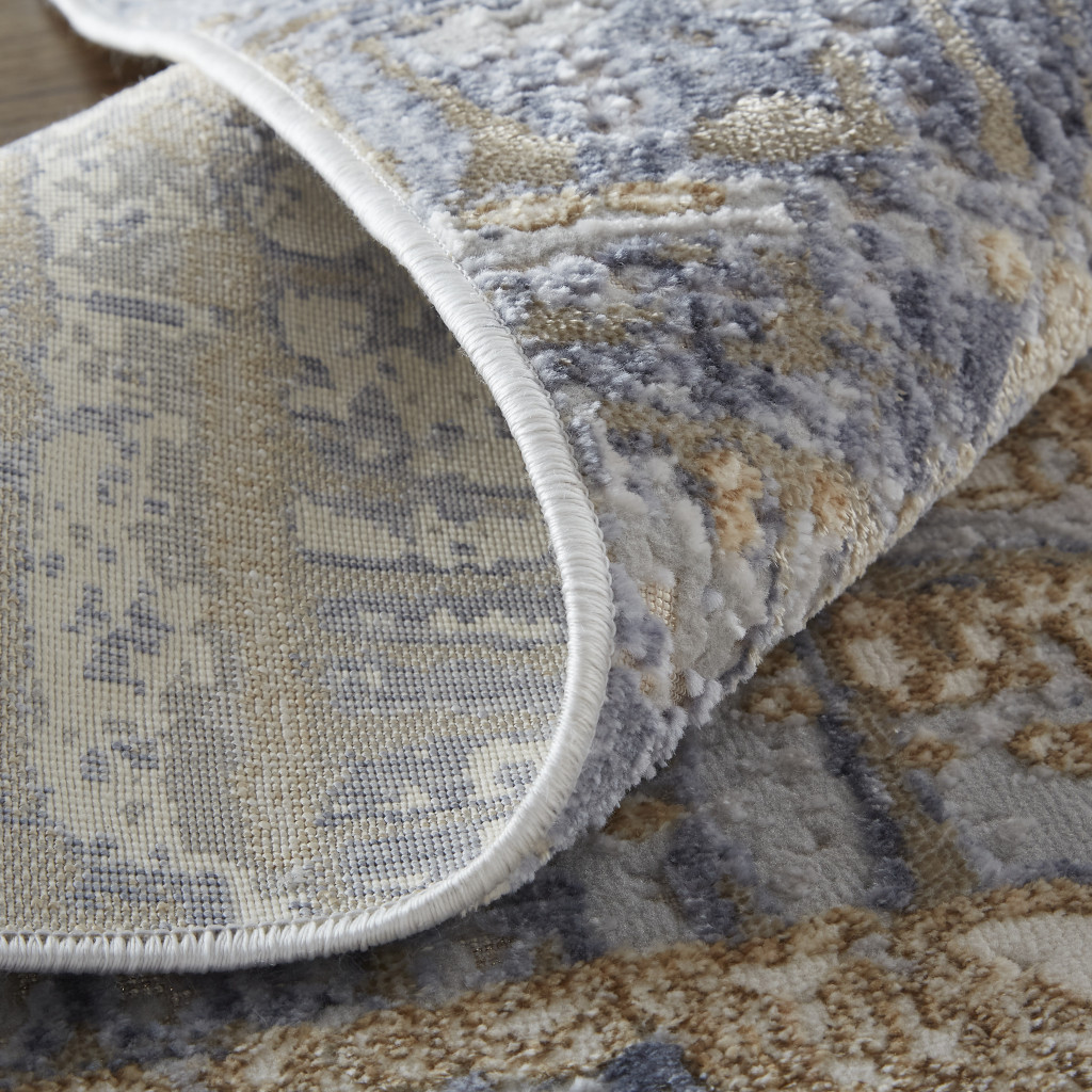 12" Tan Brown And Blue Abstract Power Loom Distressed Runner Rug