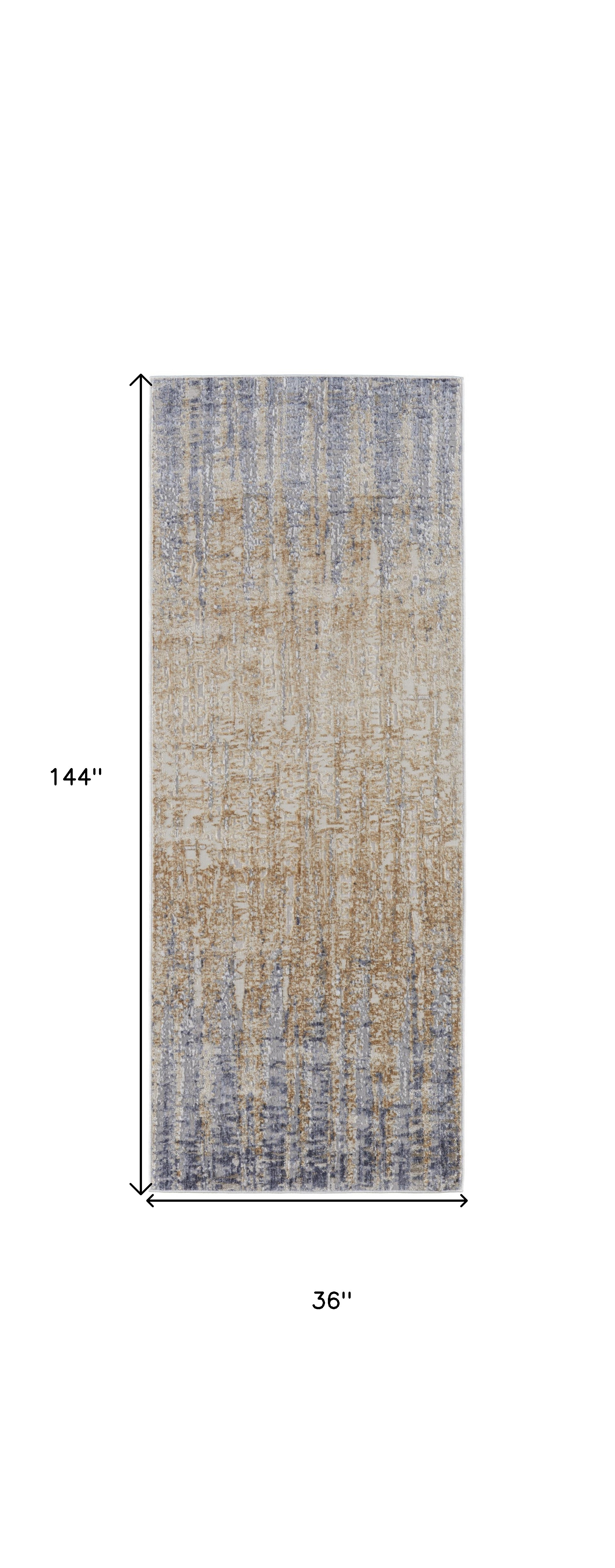 12" Tan Brown And Blue Abstract Power Loom Distressed Runner Rug