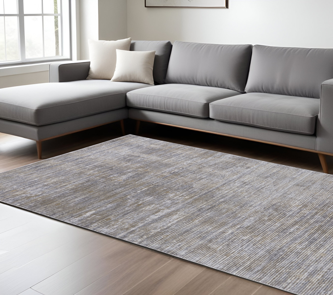 8" X 10" Taupe Silver and Tan Abstract Power Loom Non Skid Area Rug