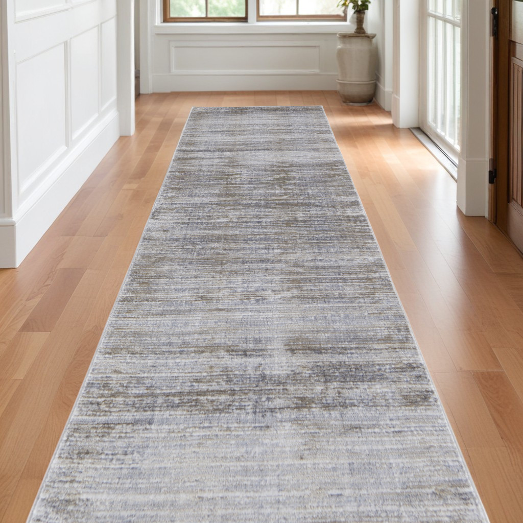 10" Taupe Silver and Tan Abstract Power Loom Non Skid Runner Rug