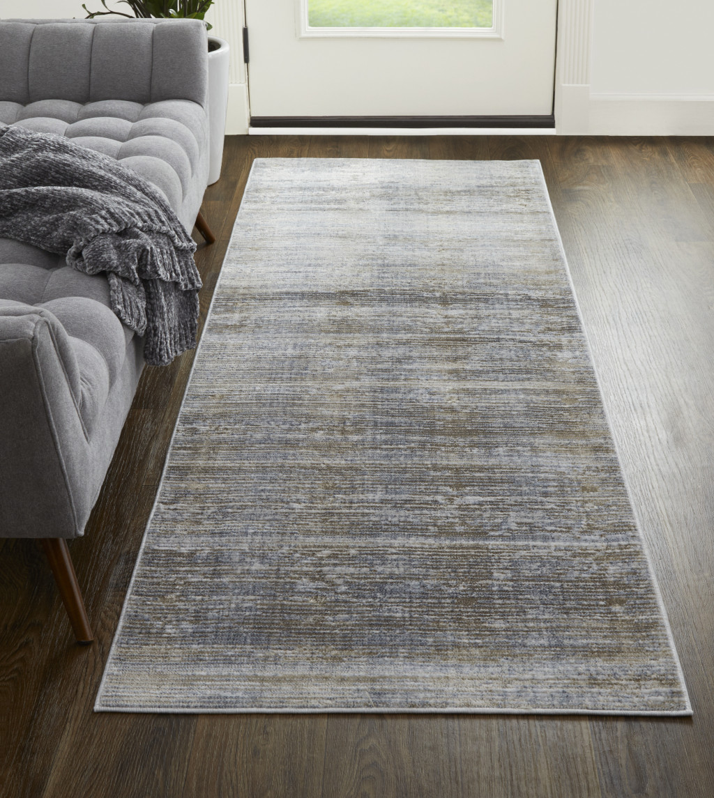 12" Taupe Silver And Tan Abstract Power Loom Runner Rug