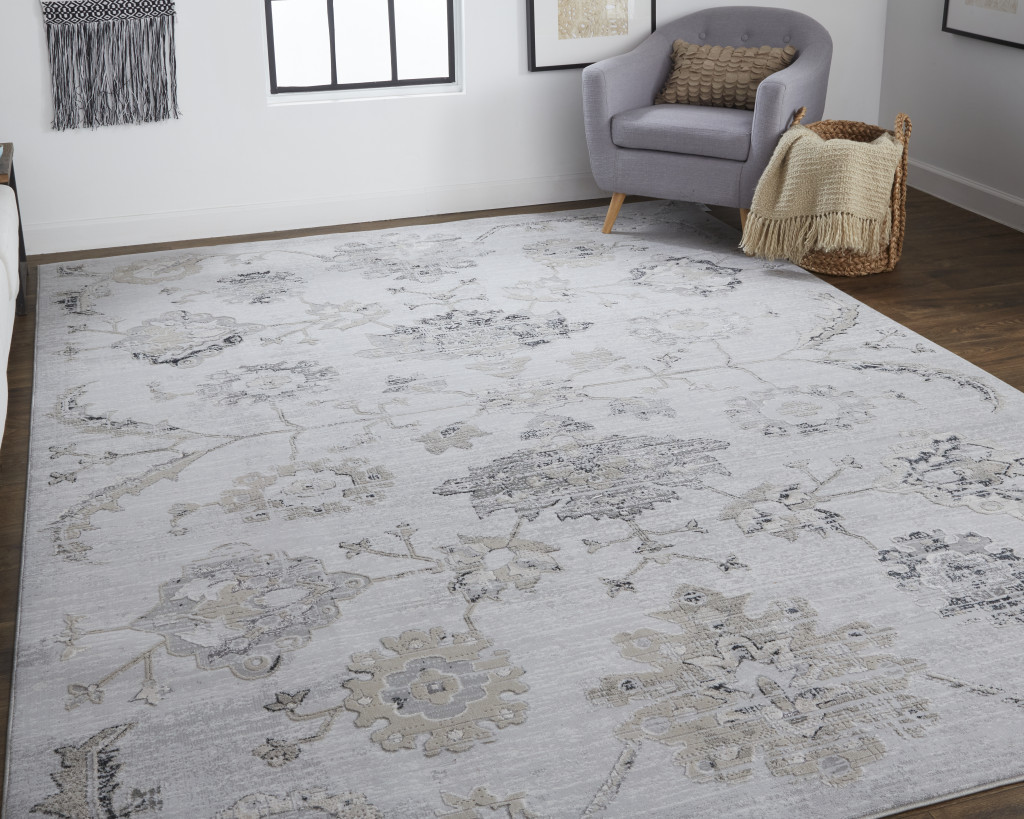 5' X 8' Silver And Black Floral Power Loom Distressed Area Rug-514281-3