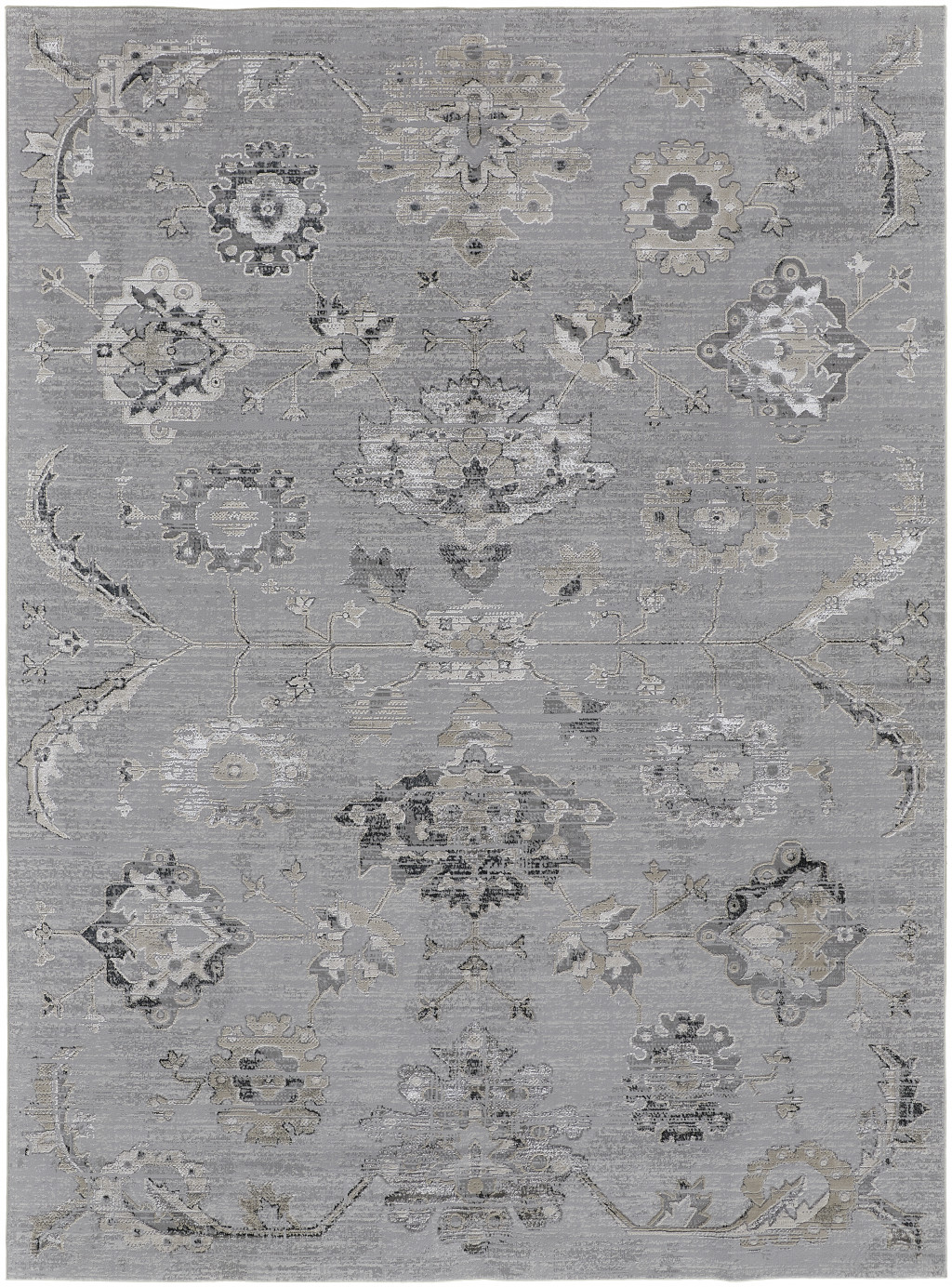 8' X 10' Silver And Black Floral Power Loom Distressed Area Rug-514282-1