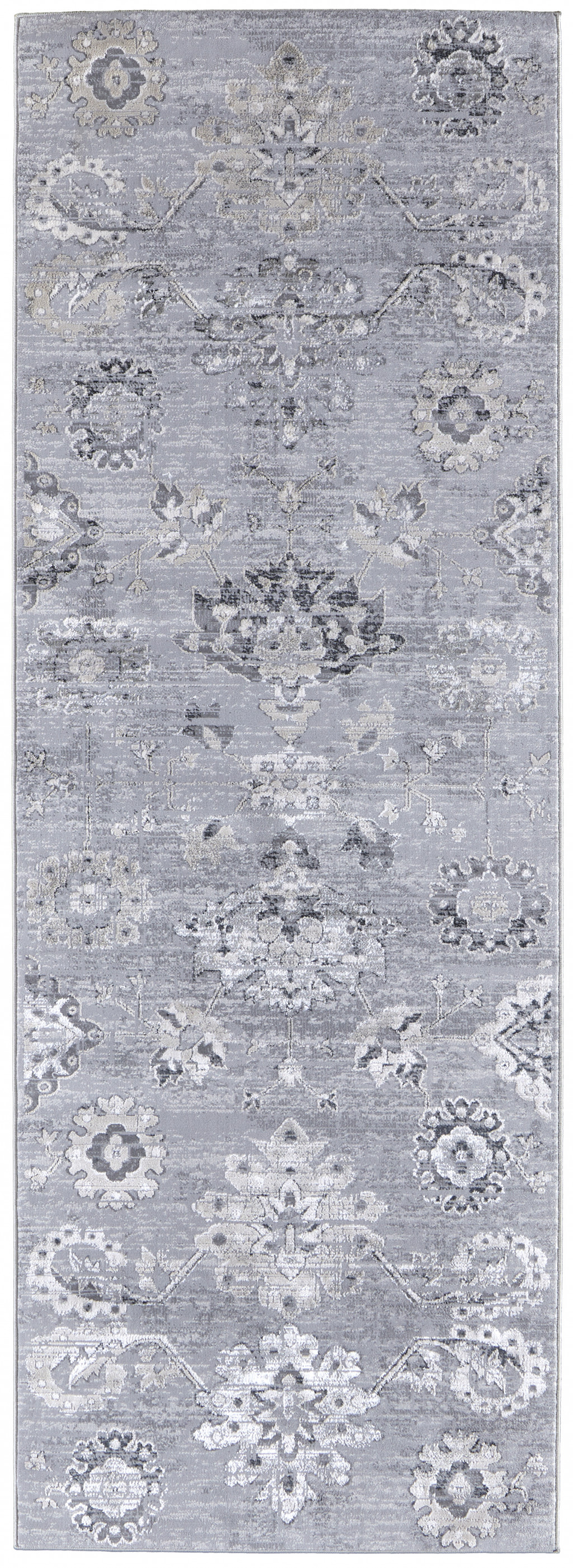 8' Silver And Black Floral Power Loom Distressed Runner Rug-514287-1