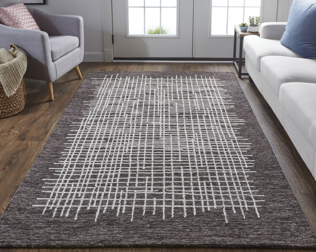 5" X 8" Brown And Ivory Wool Plaid Tufted Handmade Stain Resistant Area Rug