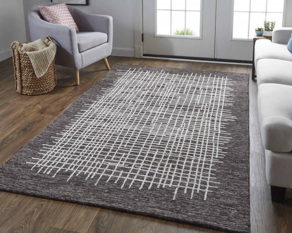 5" X 8" Brown And Ivory Wool Plaid Tufted Handmade Stain Resistant Area Rug