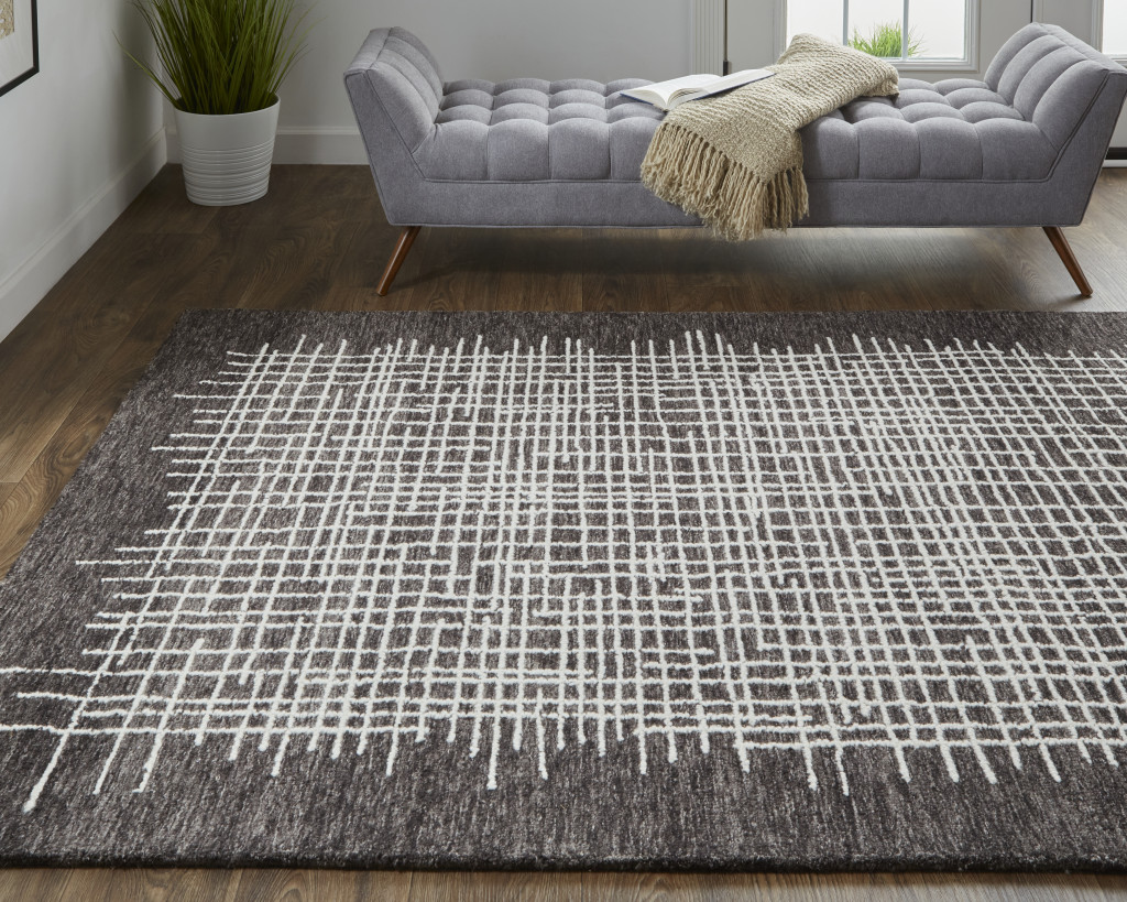 5" X 8" Brown And Ivory Wool Plaid Tufted Handmade Stain Resistant Area Rug