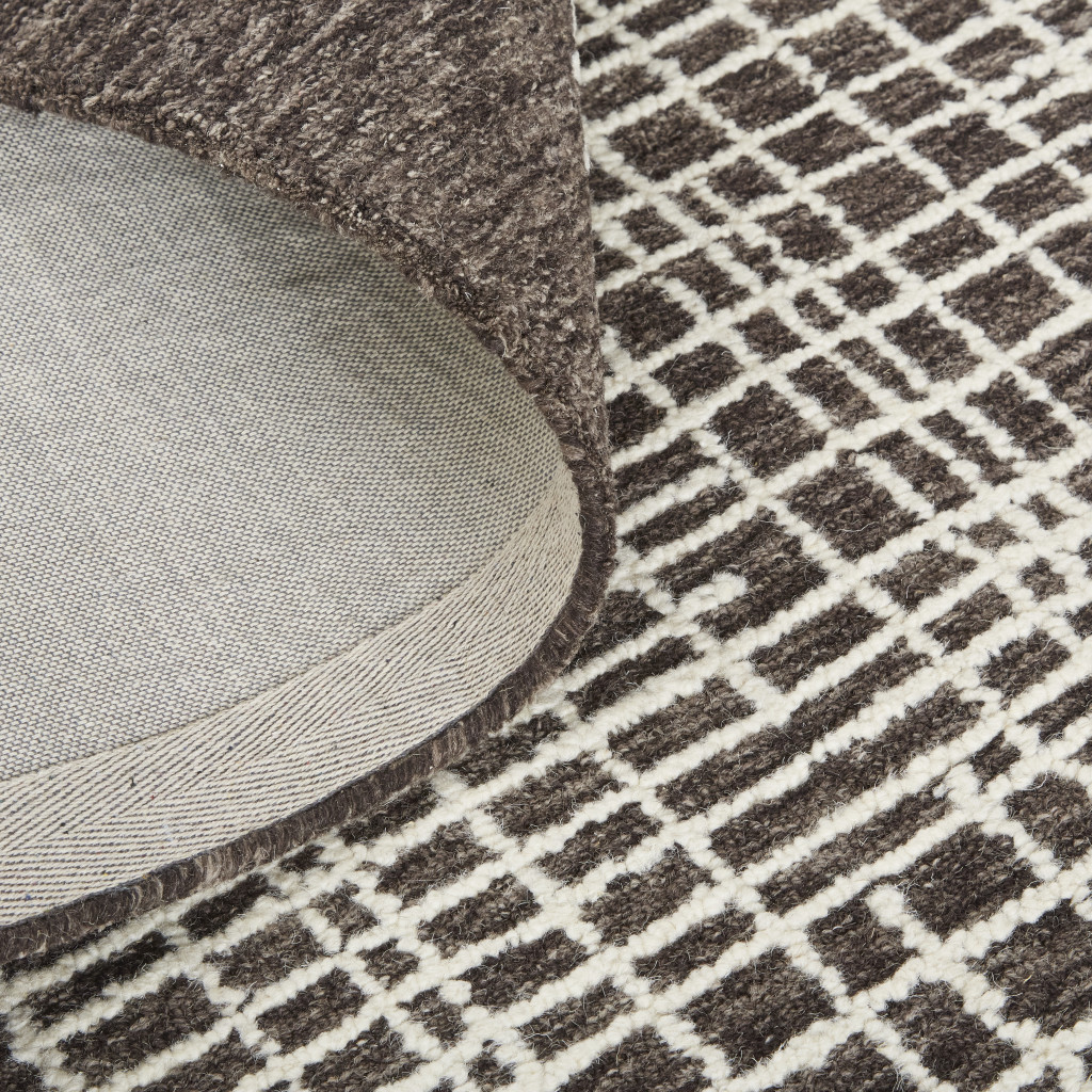 5" X 8" Brown And Ivory Wool Plaid Tufted Handmade Stain Resistant Area Rug