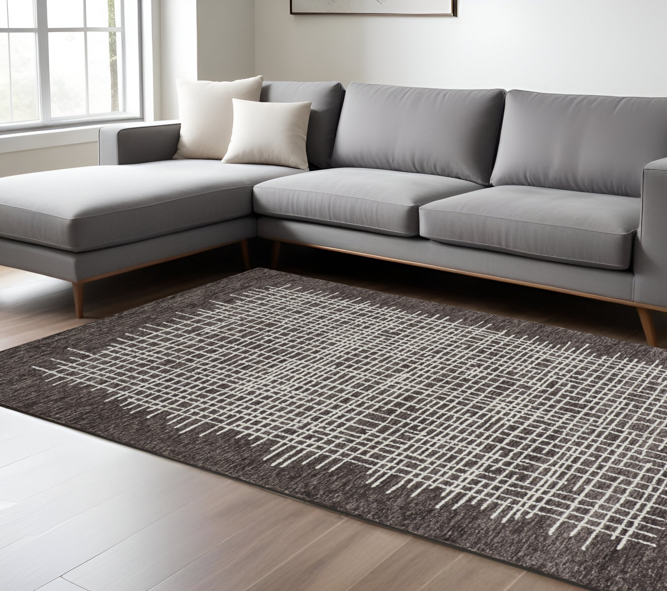 8" X 10" Gray and Ivory Wool Plaid Hand Tufted Area Rug