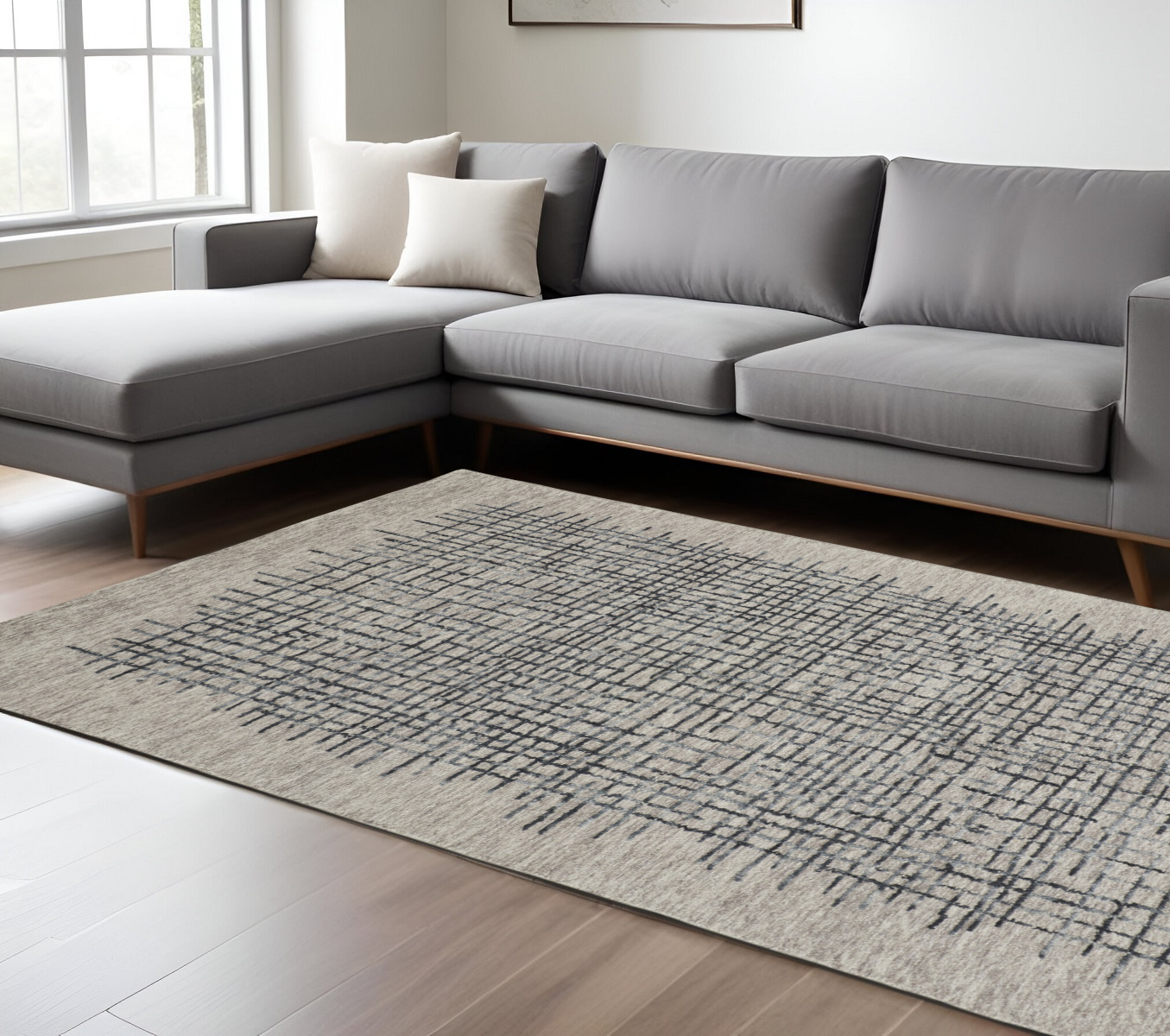 8" X 10" Gray and Black Wool Plaid Hand Tufted Area Rug