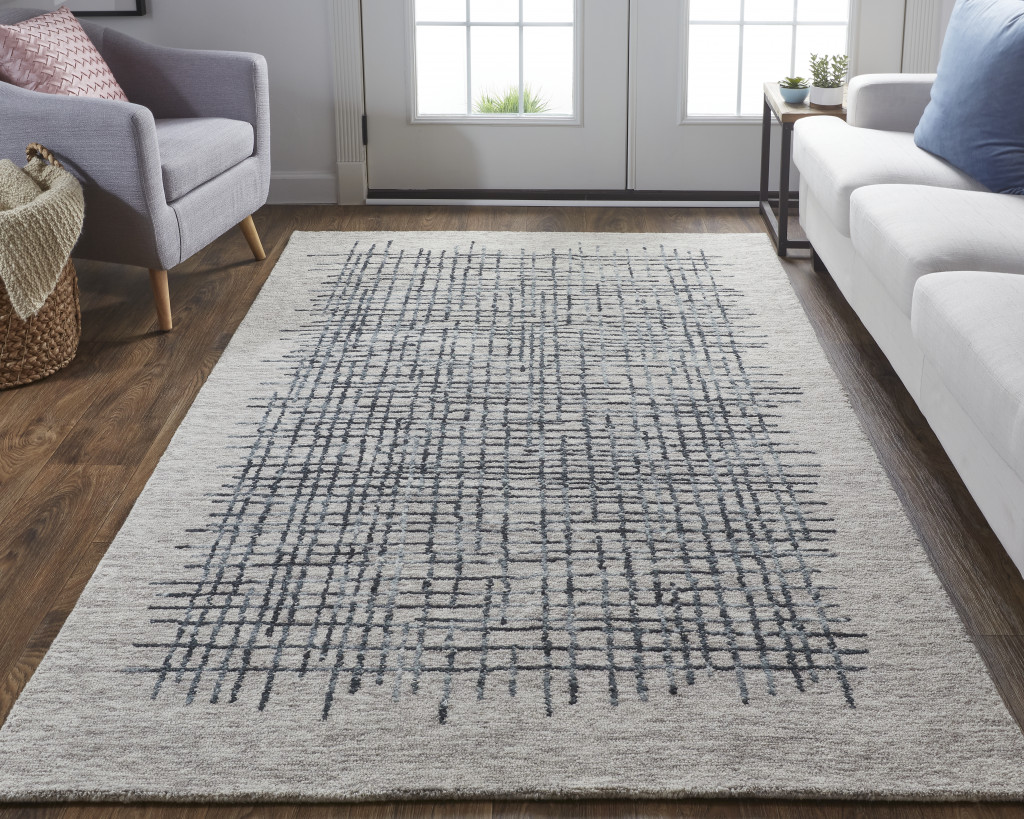 8" X 10" Gray and Black Wool Plaid Hand Tufted Area Rug