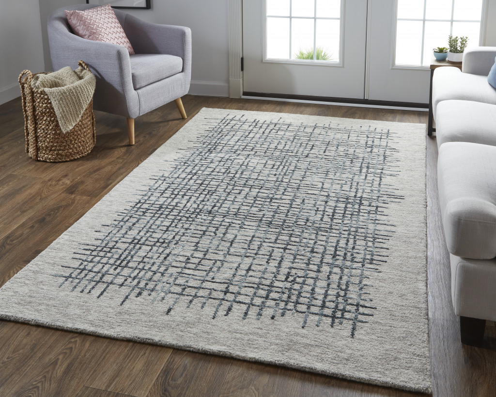 8" X 10" Gray and Black Wool Plaid Hand Tufted Area Rug