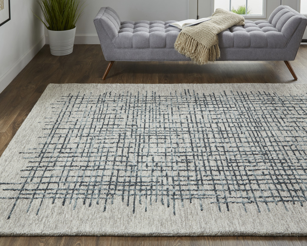 8" X 10" Gray and Black Wool Plaid Hand Tufted Area Rug