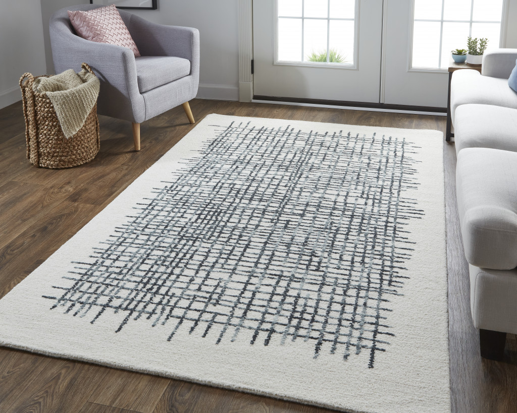 5" X 8" Ivory Gray And Black Wool Plaid Tufted Handmade Stain Resistant Area Rug