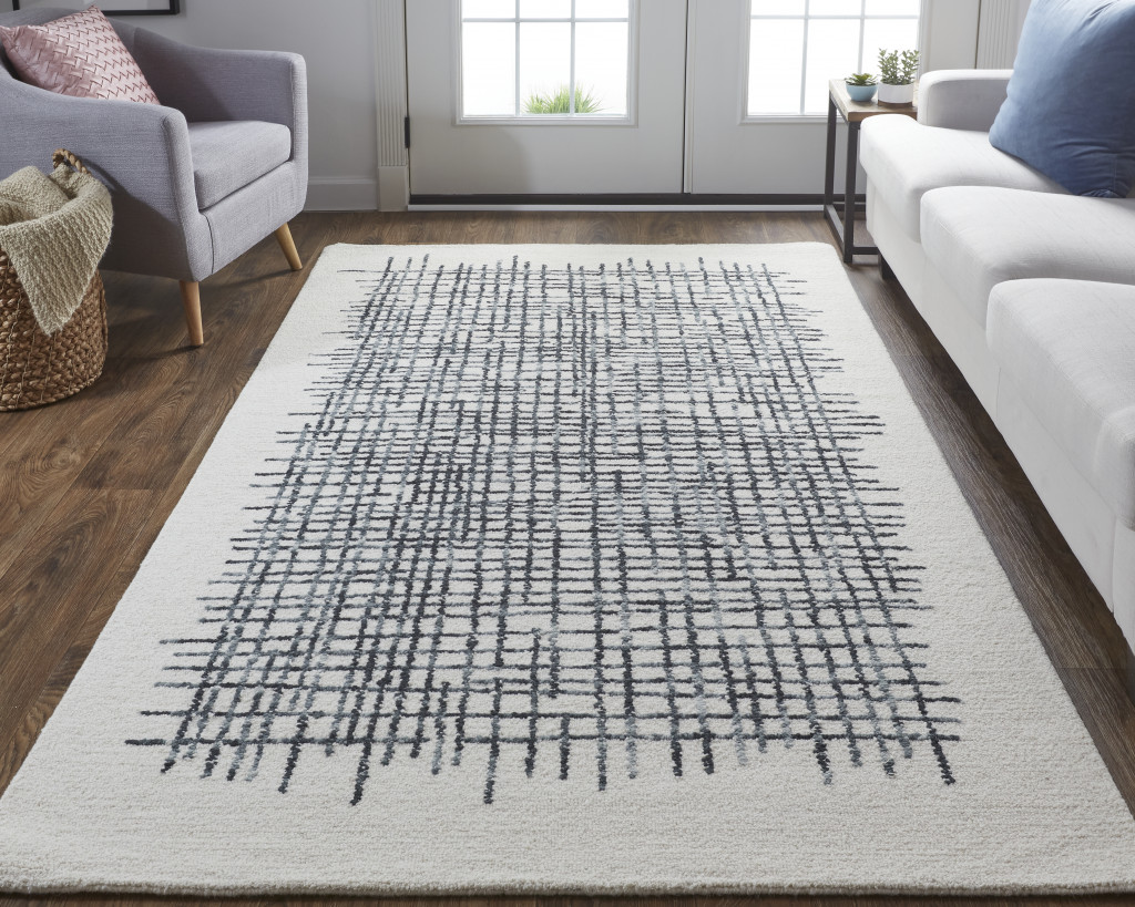 5" X 8" Ivory Gray And Black Wool Plaid Tufted Handmade Stain Resistant Area Rug