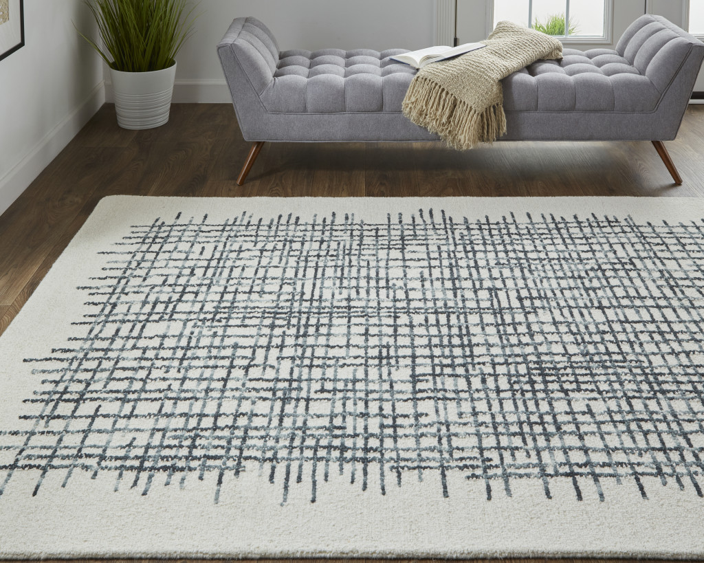 5" X 8" Ivory Gray And Black Wool Plaid Tufted Handmade Stain Resistant Area Rug