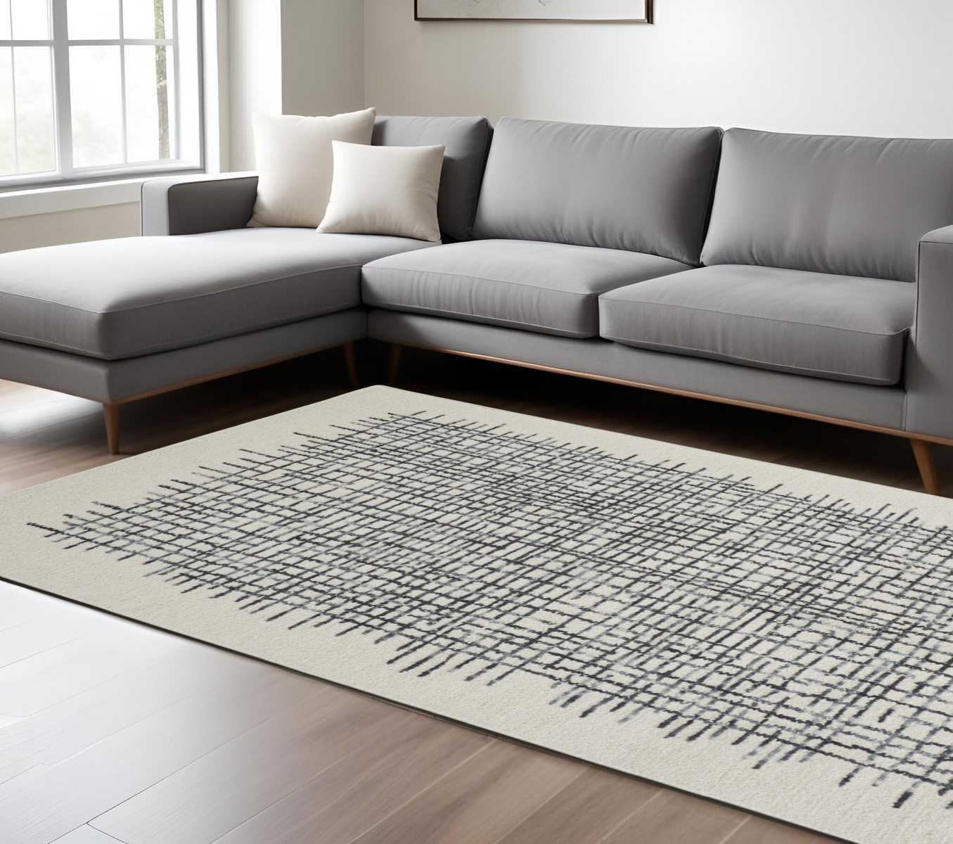 8" X 10" Gray and Ivory Wool Plaid Hand Tufted Area Rug