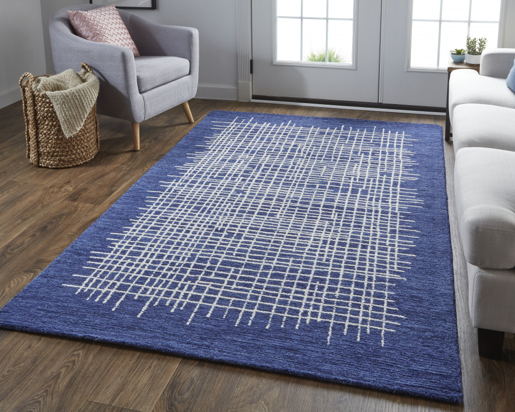 5" X 8" Blue And Ivory Wool Plaid Tufted Handmade Stain Resistant Area Rug