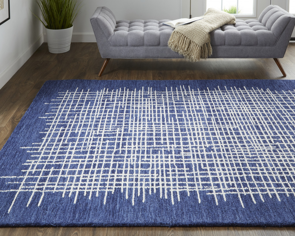 5" X 8" Blue And Ivory Wool Plaid Tufted Handmade Stain Resistant Area Rug