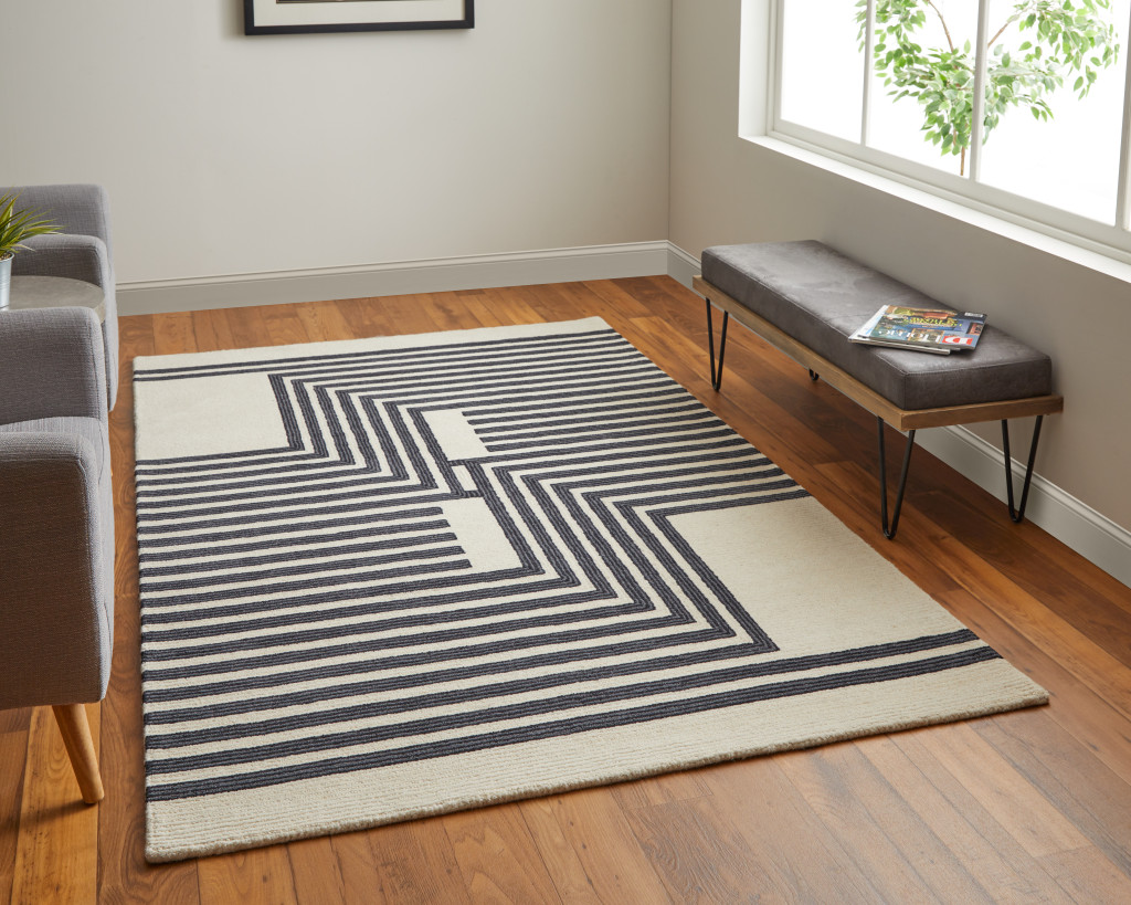 5" X 8" Black and Ivory Abstract Geometric Hand Tufted Area Rug