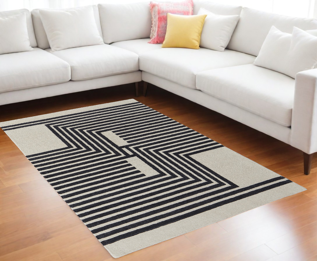 9" X 12" Gray and Black Wool Abstract Hand Tufted Area Rug