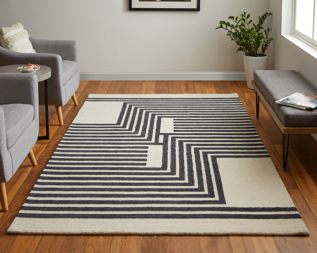 2" X 3" Black and Ivory Abstract Geometric Hand Tufted Area Rug