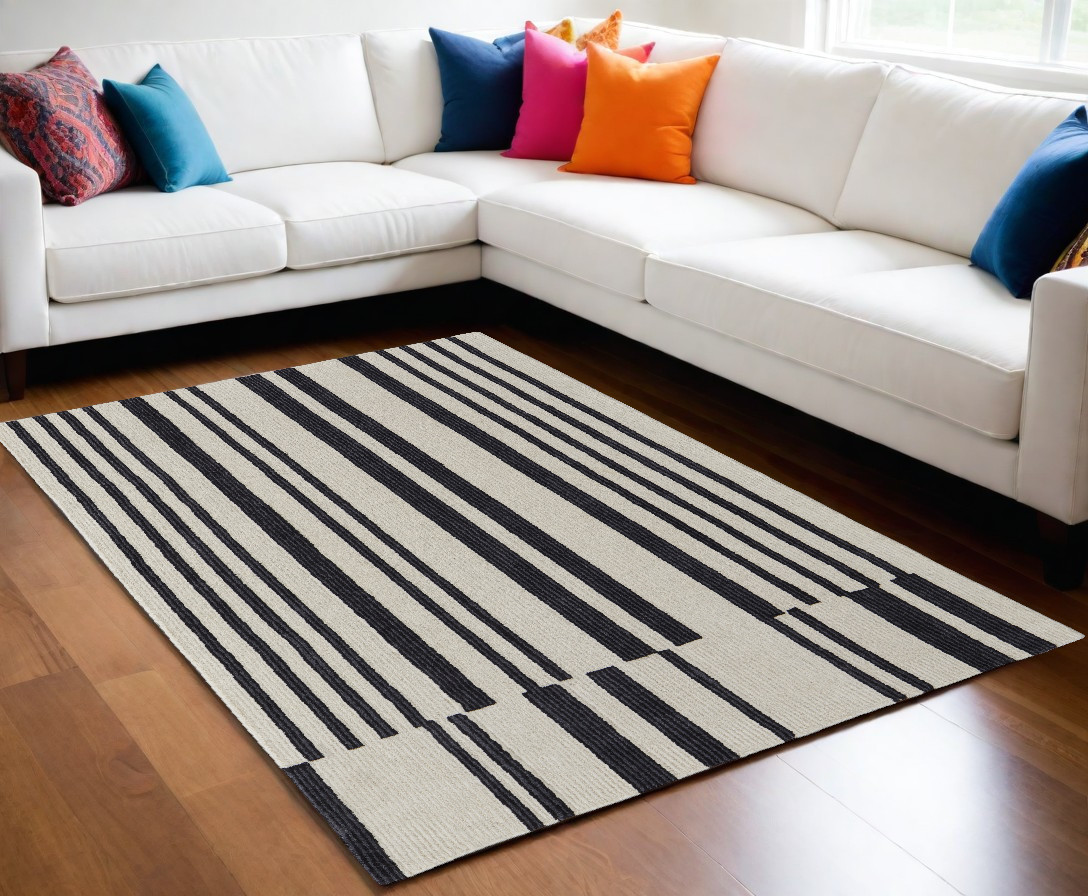 8" X 10" Ivory and Black Wool Abstract Hand Tufted Area Rug