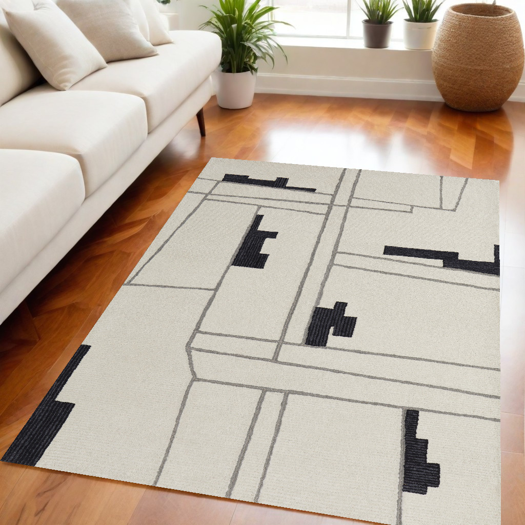 5" X 8" Gray and Ivory Wool Abstract Hand Tufted Area Rug