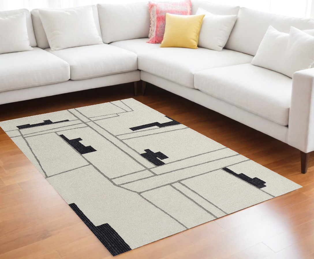 9" X 12" Gray and Ivory Wool Abstract Hand Tufted Area Rug