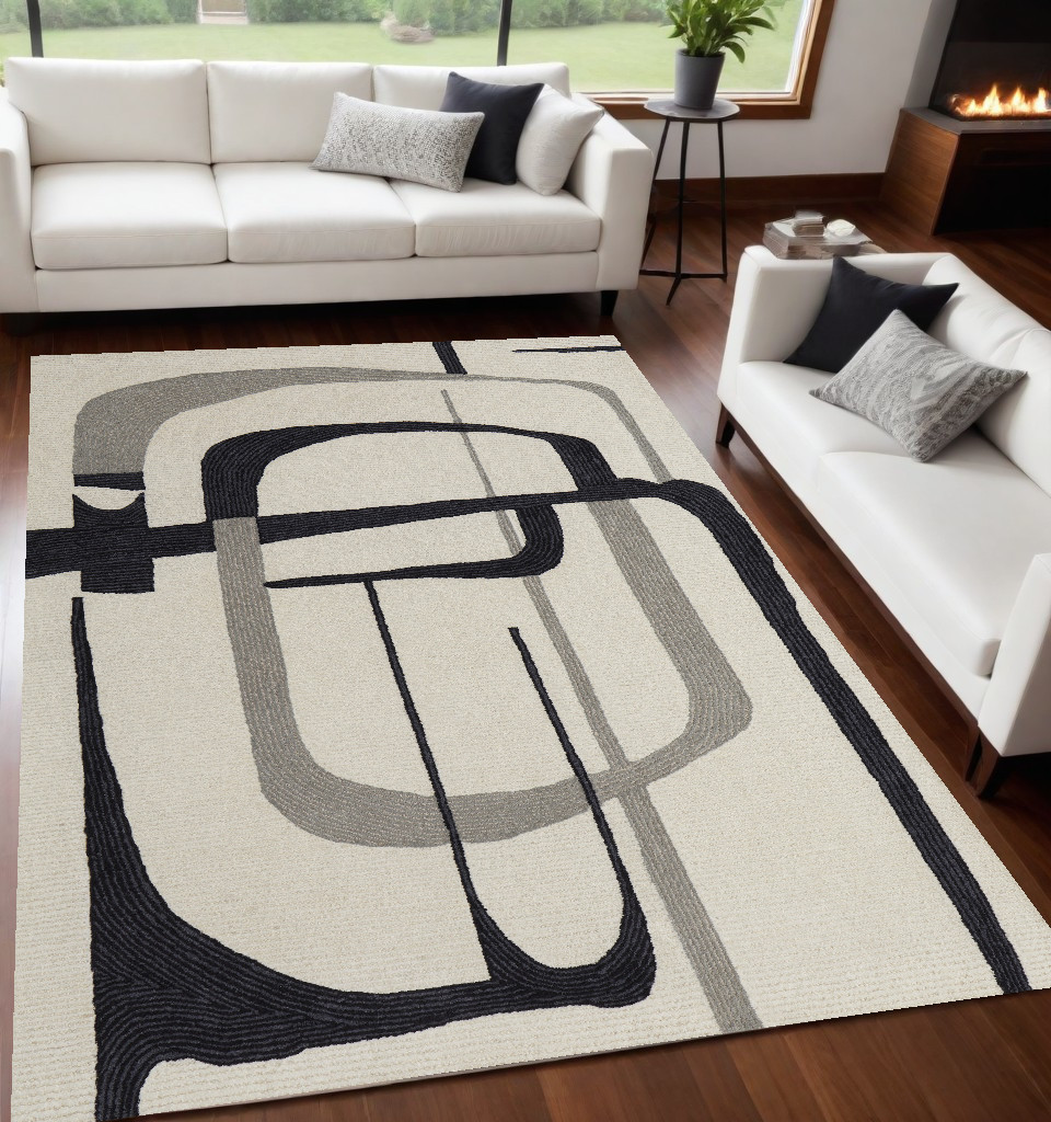 5" X 8" Gray and Ivory Wool Abstract Hand Tufted Area Rug