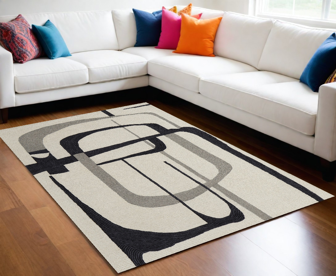 9" X 12" Gray and Ivory Wool Abstract Hand Tufted Area Rug